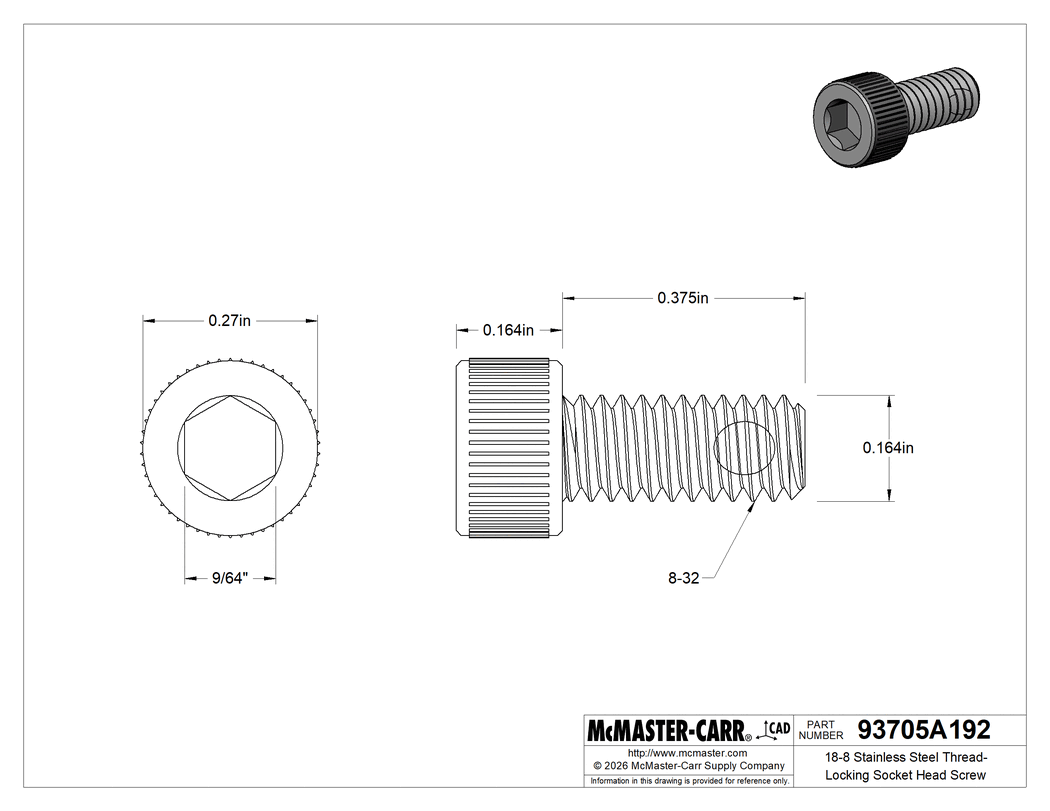 Technical Drawing of 18-8 Stainless Steel Thread-Locking Socket Head Screw, 8-32 Thread Size, 3/8" Long.